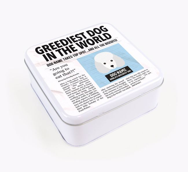 Personalised 'Greediest Dog' Newspaper Print Square Tin for your {breedFullName}